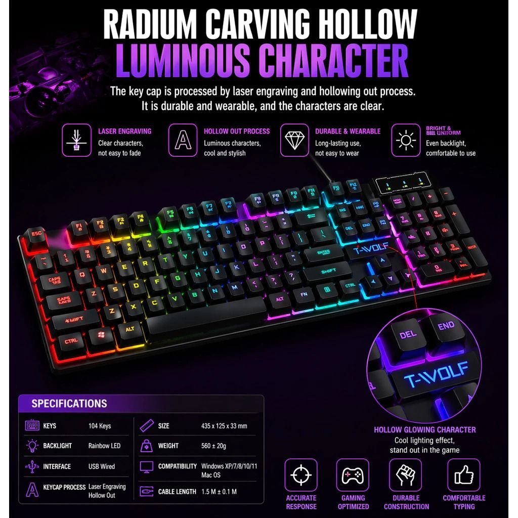 RGB Mechanical Full 104 Keys Gaming Keyboard and Mouse Set Keycaps LED Rainbow Backlit Wired Electronic Devices