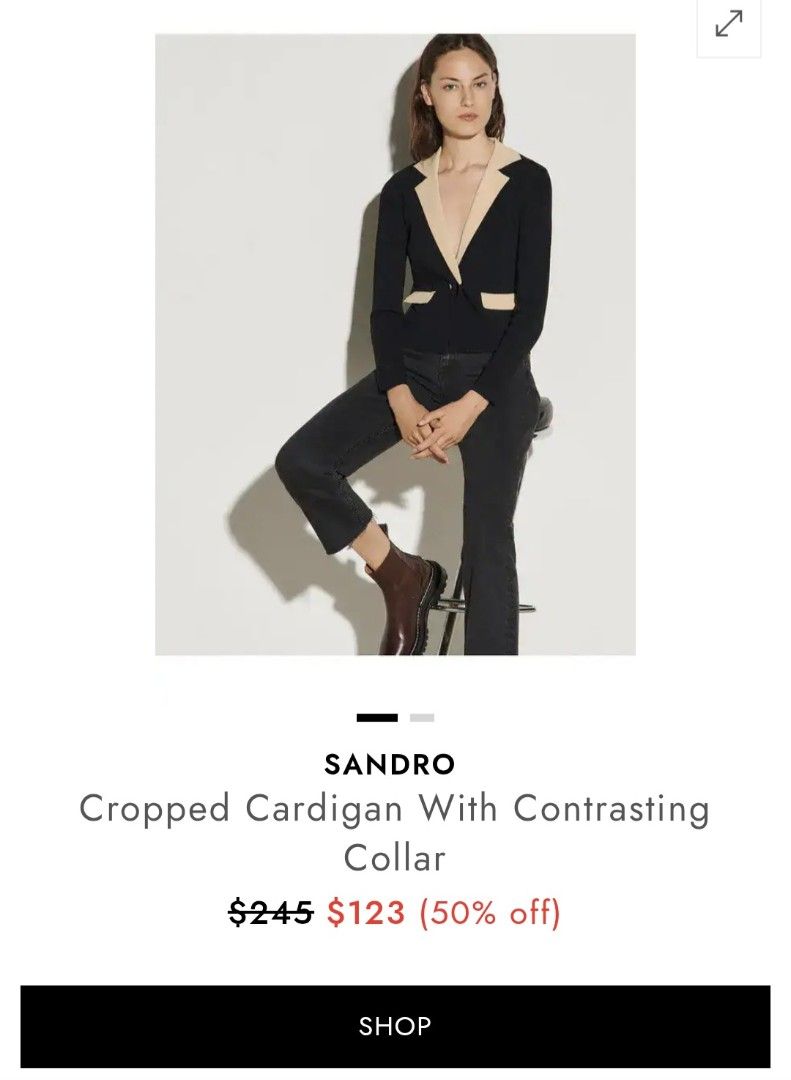 Sandro Cropped Cardigan with Contrasting Collar (Category: Luxury Apparel) located in Koronadal. Submitted by jmiles82 (Listing ID 1434891177, Image 1). Description: - Sandro cropped cardigan - Contrasting collar (black body, beige accents) - Features decorative buttons - Long sleeves - Ribbed knit texture - Brand: Sandro .