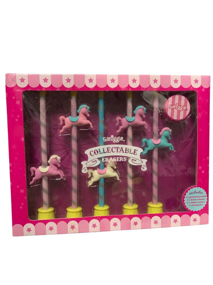 Smiggle Collectable Erasers Set (Category: Stationery & School Supplies) located in Manila. Submitted by arkanghelm16985 (Listing ID 1434960722, Image 3). Description: - Smiggle Collectable Erasers Set - Includes: - 5 Pencils - 5 Horse Erasers - 5 Stand Erasers - 1 Sharpener - Carousel design - Colorful horse erasers - Pink packaging with Smiggle logo - Great gift for students and collectors BALIK BAYAN BOX FROM SINGAPORE.