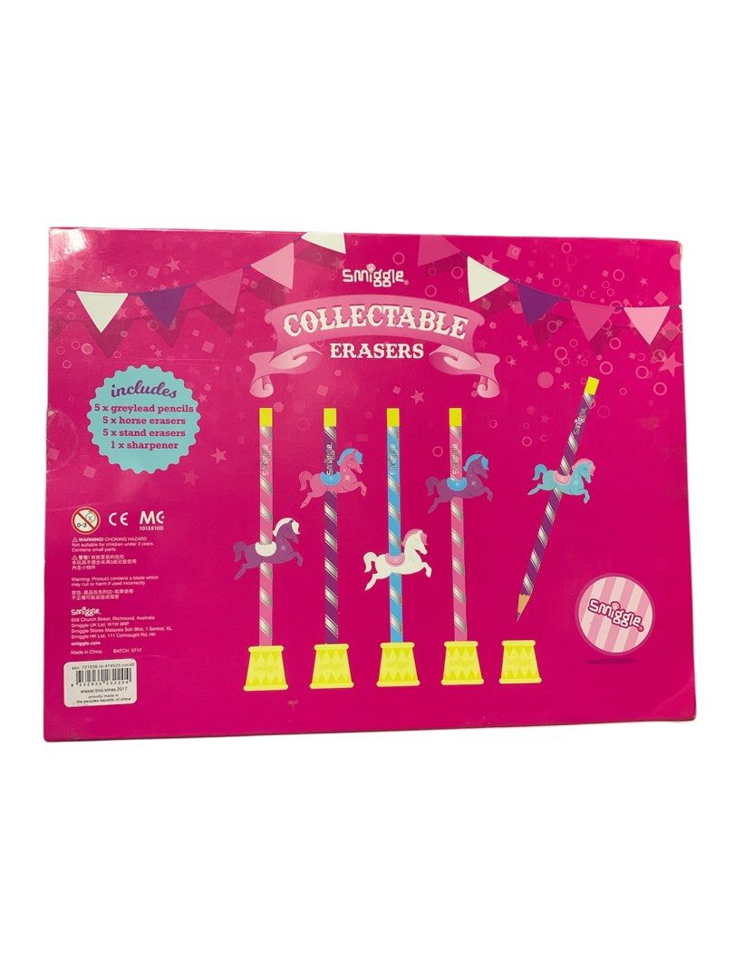 Smiggle Collectable Erasers Set (Category: Stationery & School Supplies) located in Manila. Submitted by arkanghelm16985 (Listing ID 1434960722, Image 2). Description: - Smiggle Collectable Erasers Set - Includes: - 5 Pencils - 5 Horse Erasers - 5 Stand Erasers - 1 Sharpener - Carousel design - Colorful horse erasers - Pink packaging with Smiggle logo - Great gift for students and collectors BALIK BAYAN BOX FROM SINGAPORE.