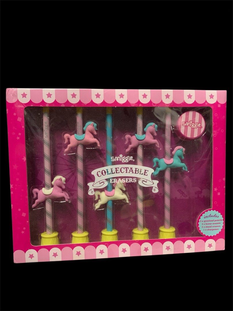 Smiggle Collectable Erasers Set (Category: Stationery & School Supplies) located in Manila. Submitted by arkanghelm16985 (Listing ID 1434960722, Image 1). Description: - Smiggle Collectable Erasers Set - Includes: - 5 Pencils - 5 Horse Erasers - 5 Stand Erasers - 1 Sharpener - Carousel design - Colorful horse erasers - Pink packaging with Smiggle logo - Great gift for students and collectors BALIK BAYAN BOX FROM SINGAPORE.