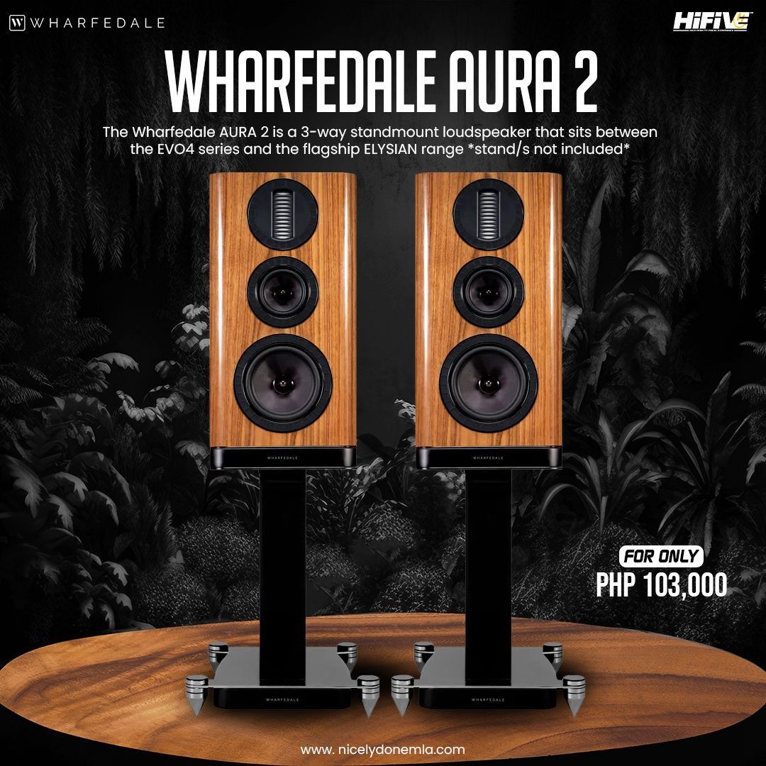 WHARFEDALE AURA 2 (Category: Soundbars, Speakers & Amplifiers) located in Quezon City. Submitted by hifivebynicelydone (Listing ID 1434903797, Image 1). Description: Step up your setup with the Wharfedale Aura 2 🎶 A premium 3-way standmount speaker delivering clear highs, rich mids, and controlled bass—perfect for detailed, immersive listening. ✨ Elegant look, serious performance. 👌 💰 PHP 103,000 (stands not included) 🎧 Want to hear it in act