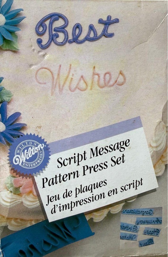 Wilton Script Message Pattern Press Set (Category: Bakeware) located in Singapore. Submitted by newlion-1b11 (Listing ID 1434949865, Image 1). Description: brand new BUT packing is very damaged please feel free to ask anything - Wilton Script Message Pattern Press Set for cakes. - Includes plastic patterns for script messages. - Create "Happy Birthday" and "Best Wishes" easily. - Simple to use: press and outline with icing. - Perfect for beginner