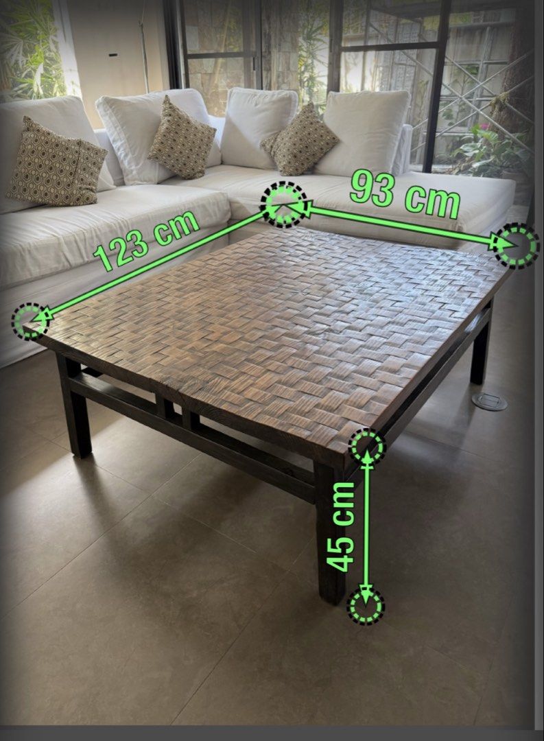 Woven Top Coffee Table (Category: Tables & Sets) located in Makati City. Submitted by jcalmartz (Listing ID 1434962157, Image 2). Description: Solid wood coffee table bought in Baguio. End-grain block design with beautiful natural wood pattern. Size: 123 cm × 93 cm × 45 cm height. Very sturdy and heavy. Some normal signs of age but overall in good condition..
