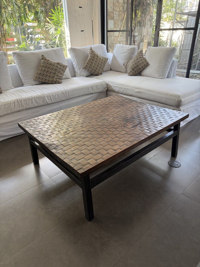 Woven Top Coffee Table (Category: Tables & Sets) located in Makati City. Submitted by jcalmartz (Listing ID 1434962157, Image 1). Description: Solid wood coffee table bought in Baguio. End-grain block design with beautiful natural wood pattern. Size: 123 cm × 93 cm × 45 cm height. Very sturdy and heavy. Some normal signs of age but overall in good condition..