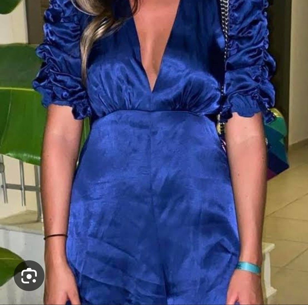 Zara blue satin playsuit (Category: Rompers) located in Batangas. Submitted by micaelaul (Listing ID 1434970104, Image 2). Description: Check photos for details.