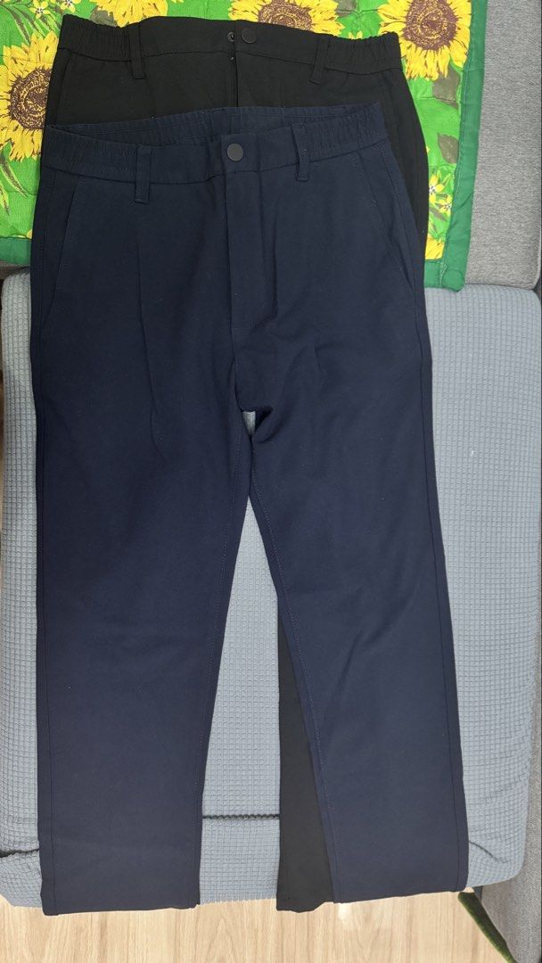 Zara Navy Blue and Black Pants (Category: Jeans) located in Bulacan. Submitted by jemorph (Listing ID 1434897266, Image 1). Description: - Zara pants (navy blue and black) - Size: S - Features: - Button closure - Pockets - Elastic waistband - Navy blue: Made in Bangladesh - Black: Made in Turkey.