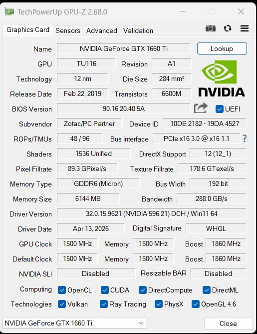 Zotac GTX 1660 Ti 6GB Graphics Card439778770829322241