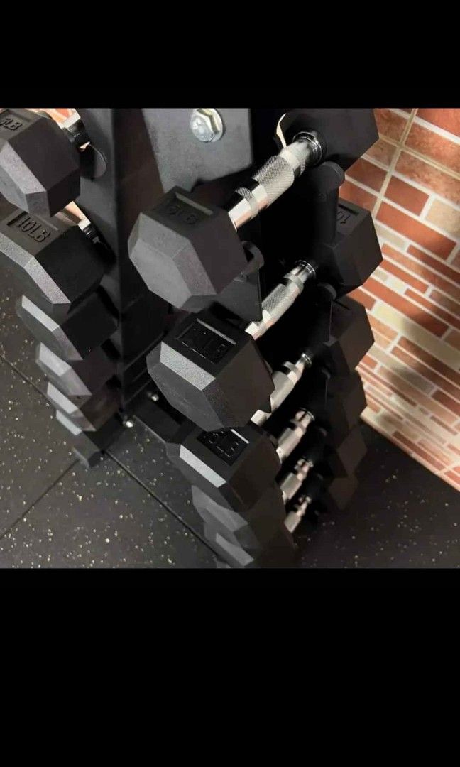 5lbs to 30lbs hexagonal rubberized dumbbell set with tree rack (Category: Weights & Dumbbells) located in Valenzuela. Submitted by carlo_023 (Listing ID 1435013630, Image 1). Description: .