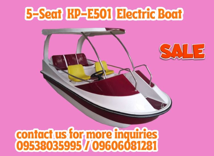 5-Seat KP-E501 Electric Boat (Category: Everything Else Others) located in Caloocan City. Submitted by baunsitshe84379 (Listing ID 1435076575, Image 1). Description: Material: Fiberglass +stainless steel Size:410*150*90cm Battery：12V,100~200Ah*2 Power :24V 500W Speed：8-12km/h Seater：5 person Working time：6-8h Charging time: 8 hours Weight: 200KG .