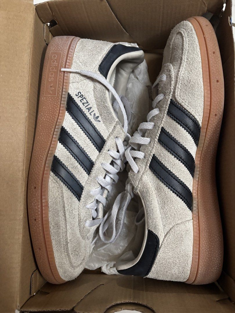 Adidas Handball Spezial womens (Category: Sneakers) located in Mandaluyong City. Submitted by matchaqueen (Listing ID 1435083183, Image 1). Description: - Adidas Handball Spezial W sneakers - Beige suede upper - Black stripes - Gum sole - Size: US 7, UK 5.5, EUR 38 , JPN 240 - Comes with original box - Original price: PHP 5,300.
