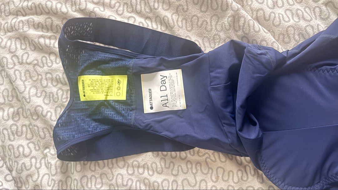 Attaquer All Day Cycling Bib Shorts (Category: Activewear) located in Pasig City. Submitted by mphg37 (Listing ID 1435022296, Image 2). Description: Selling p8500 each - Attaquer All Day cycling bib shorts - Navy blue color - Sizes: XS and S - Mesh back and straps - Padded chamois for comfort - Attaquer logo on leg - Buckle closure for adjustable fit.