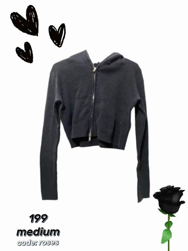 Black Cropped Zip-Up Hoodie (Category: Coats, Jackets and Outerwear) located in Manila. Submitted by wear.declutter (Listing ID 1435082036, Image 1). Description: - Black cropped zip-up hoodie - Size: Medium - Ribbed knit design - Front zipper closure - Long sleeves - Hood - Code: roses.