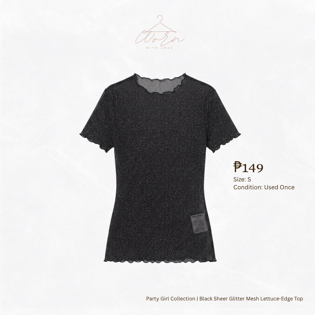 Black Glitter Mesh Lettuce-Edge Top - Size S (Category: Sleeveless) located in Bulacan. Submitted by wornwithlove01 (Listing ID 1435057598, Image 1). Description: - Party Girl top - Sheer black glitter mesh fabric - Lettuce-edge hem and sleeves - Fitted silhouette - Round neckline - Size: S - Great for nights out and special occasions - Adds sparkle to your look!.