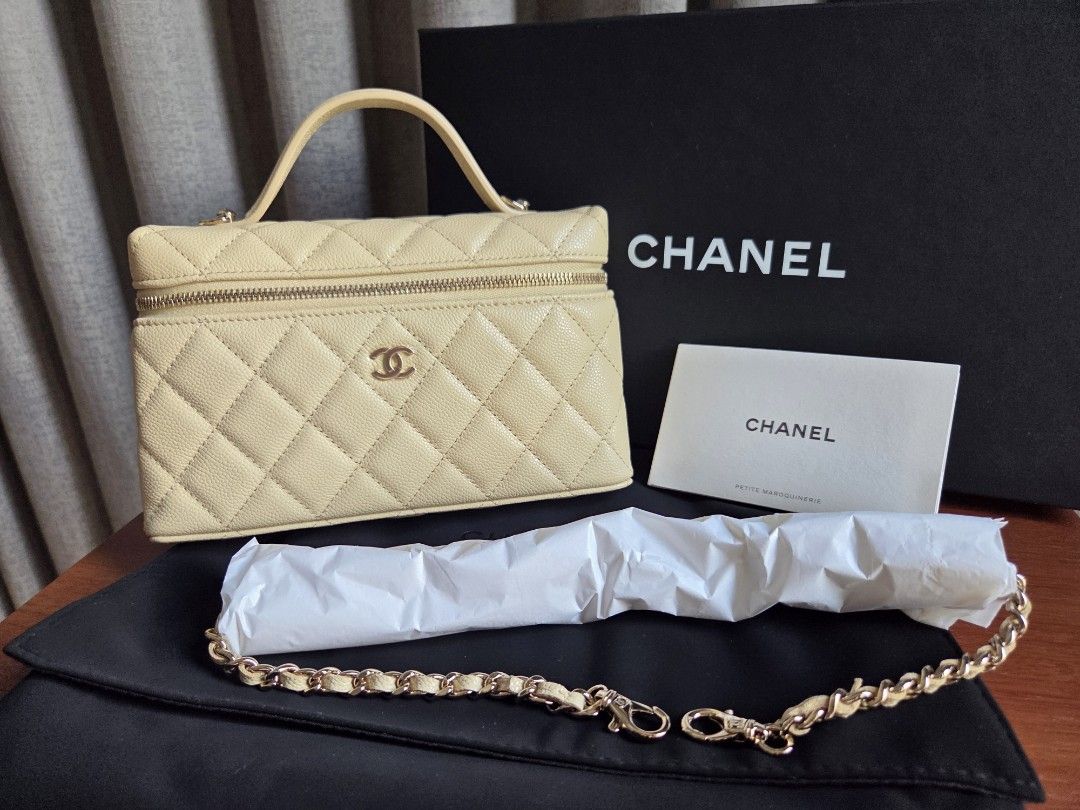 Bnew Chanel Long Vanity Light Beige GHW (Category: Luxury Bags & Wallets) located in Quezon City. Submitted by shop.mar.go (Listing ID 1435065841, Image 2). Description: bnew with box, dust bag and care booklet chanel long vanity light beige color in gold hardware can be carried as top handle, clutch or sling bag detachable chain strap, can be carried crossbody.