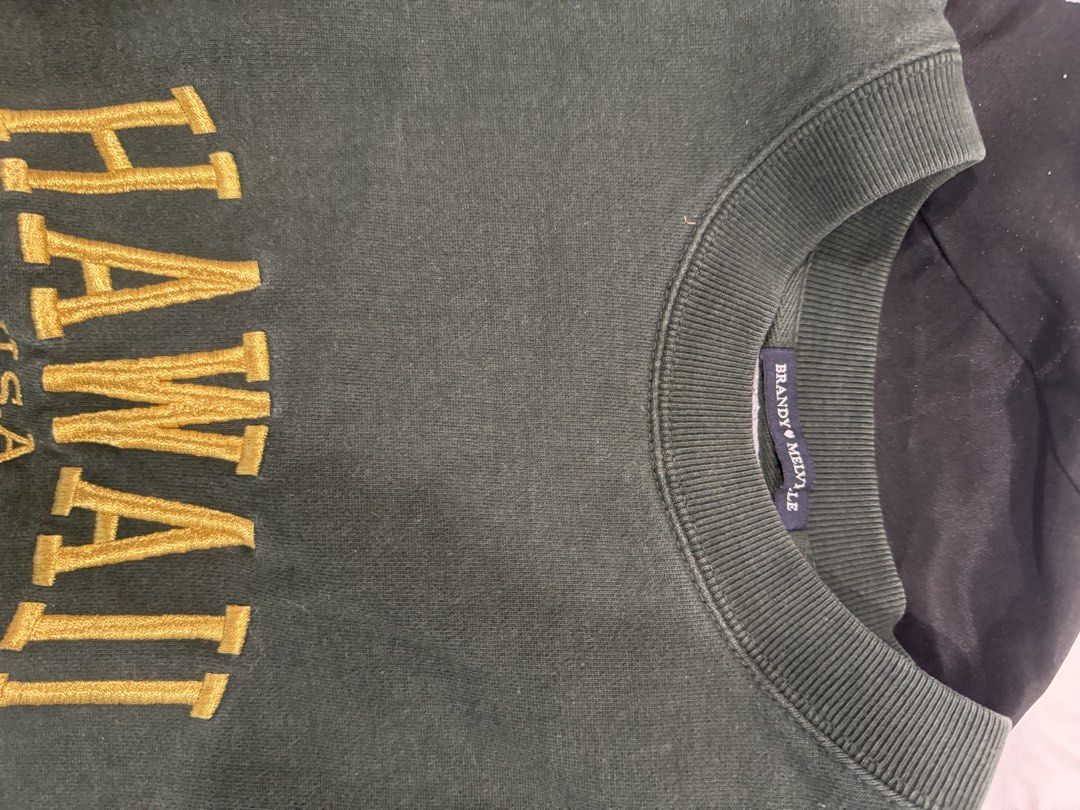 Brandy Melville Hawaii Sweatshirt (Category: Longsleeves) located in Makati City. Submitted by _saleph_ (Listing ID 1435078874, Image 2). Description: - Brand: Brandy Melville - Design: "Hawaii U.S.A." print - Color: Dark green with gold lettering - Style: Crew neck sweatshirt - Fit: Relaxed - Sleeves: Long.