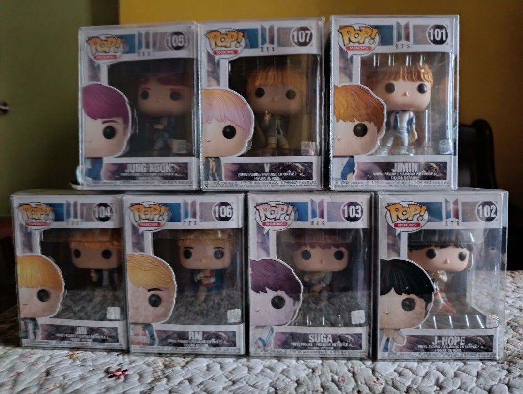 BTS Funko Pop! Vinyl Figures (Category: Toys & Games) located in Teresa. Submitted by merz09 (Listing ID 1435167924, Image 1). Description: - Considered rare since design is already vaulted - Complete set of seven BTS Funko Pop! Vinyl figures - Includes all members: - Jungkook (105) - V (107) - Jimin (101) - Jin (104) - RM (106) - Suga (103) - J-Hope (102) - Each figure is in its original box ✅All with Boss protector 👉V and JK pa lang were bough