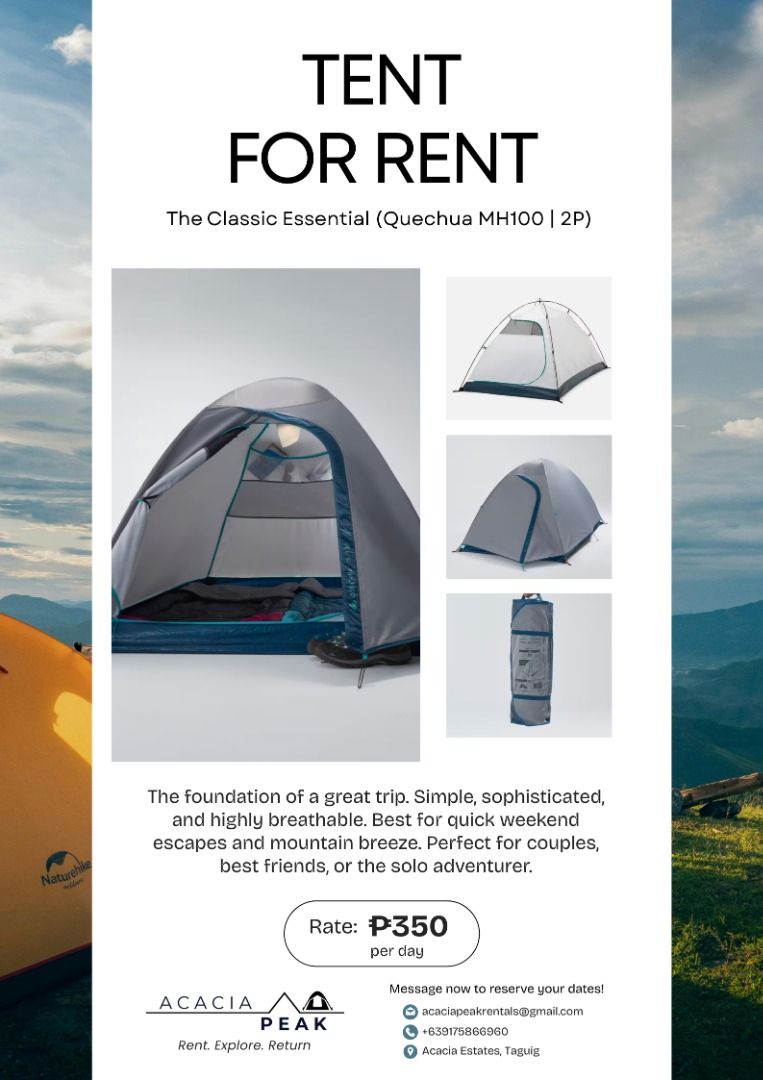 Camping Tent (Category: Hiking & Camping) located in Taguig. Submitted by erczzone (Listing ID 1435113068, Image 1). Description: Camping Tent/Gear For Rent ⛺ OUR TENT INVENTORY The Classic Essential (2P): Lightweight & reliable. (2.6kg) | ₱350/day The Sleep Specialist (2P Fresh & Black): Stays 17°C cooler & 99% dark. (4.6kg) | ₱450/day The Weekend Trio (3P): Spacious dome fits a Queen airbed. (3.4kg) | ₱500/day The Instant Pitch (3P 2-Sec Easy):