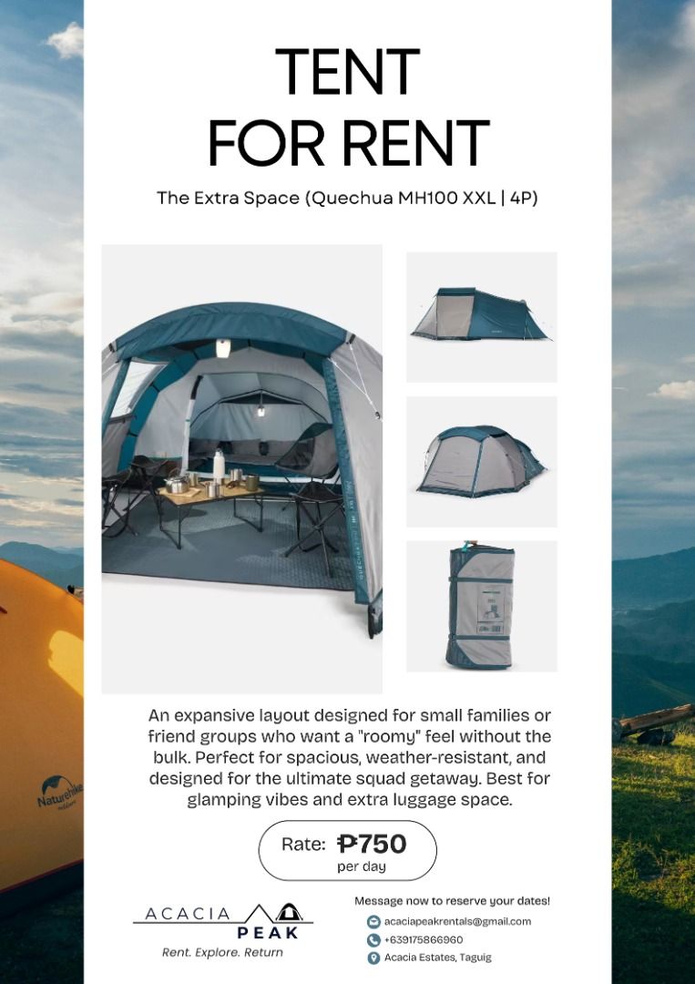 Camping Tent (Category: Hiking & Camping) located in Taguig. Submitted by erczzone (Listing ID 1435113068, Image 2). Description: Camping Tent/Gear For Rent ⛺ OUR TENT INVENTORY The Classic Essential (2P): Lightweight & reliable. (2.6kg) | ₱350/day The Sleep Specialist (2P Fresh & Black): Stays 17°C cooler & 99% dark. (4.6kg) | ₱450/day The Weekend Trio (3P): Spacious dome fits a Queen airbed. (3.4kg) | ₱500/day The Instant Pitch (3P 2-Sec Easy):