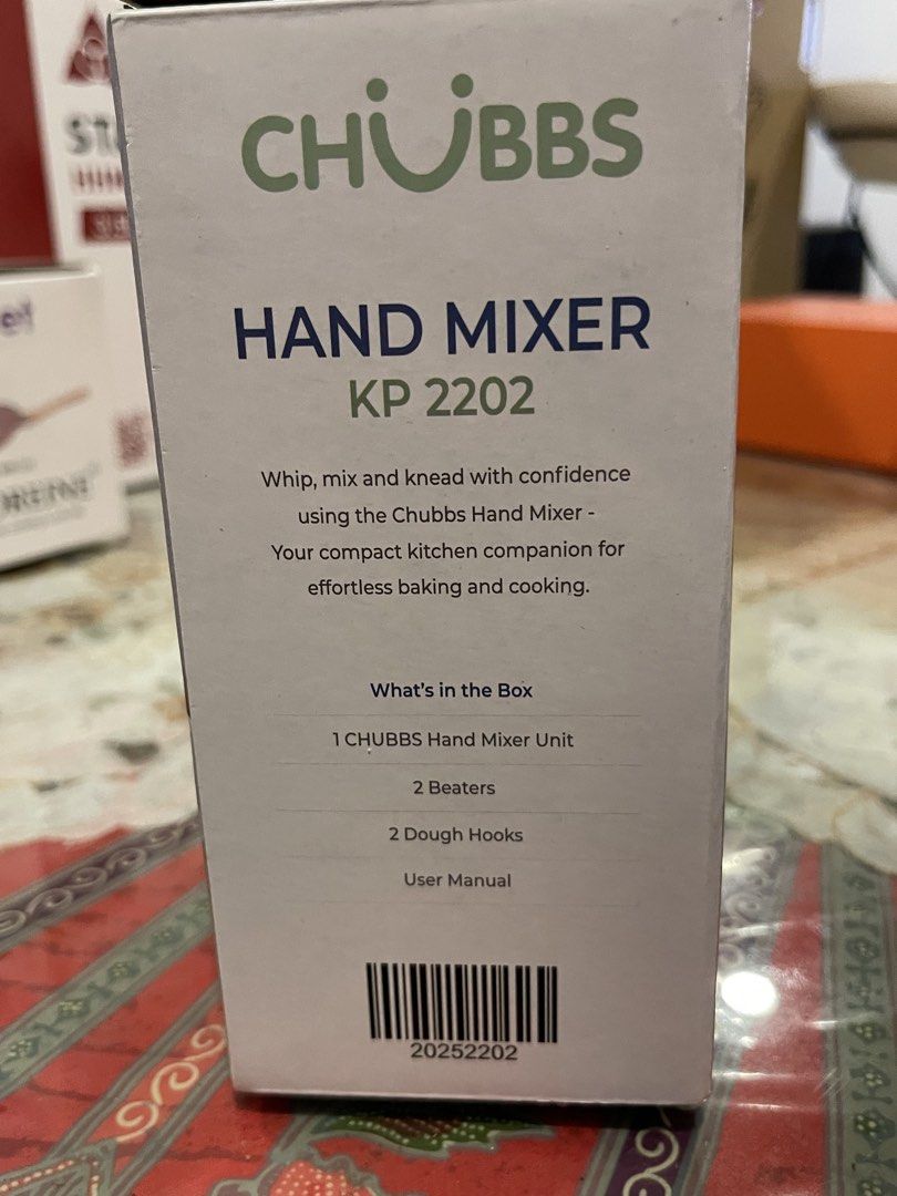 Chubbs Hand Mixer KP 2202 (Category: Hand & Stand Mixers) located in Makati City. Submitted by russgonzaga (Listing ID 1435007683, Image 1). Description: - Chubbs Hand Mixer KP 2202 - Compact and easy to use - Includes: - 1 Hand Mixer Unit - 2 Beaters - 2 Dough Hooks - User Manual - Ideal for whipping, mixing, and kneading..
