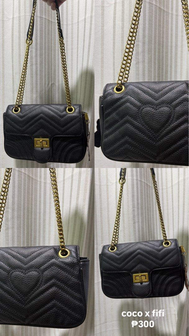 Coco x Fifi Black Shoulder Bag (Category: Shoulder Bags) located in Manila. Submitted by _rinaa (Listing ID 1435159334, Image 1). Description: - Coco x Fifi shoulder bag - Black color - Quilted design - Heart detail on the back - Gold chain strap - Gold-tone clasp closure - Small zipper detail.