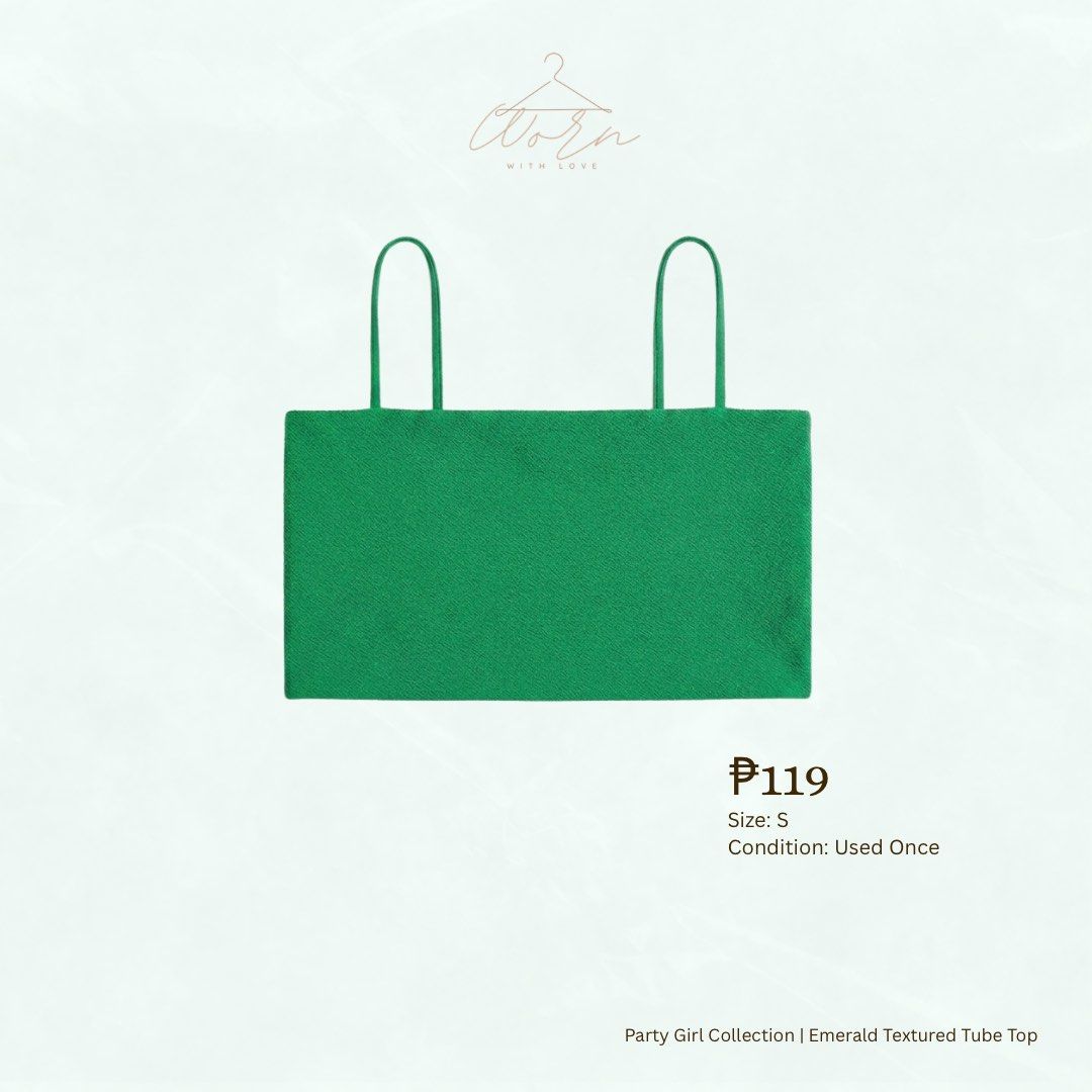 Emerald Textured Tube Top - Size S (Category: Others Tops) located in Bulacan. Submitted by wornwithlove01 (Listing ID 1435056661, Image 1). Description: - Party Girl Collection - Emerald green tube top - Size S - Textured fabric - Thin straps - Perfect for special occasions.