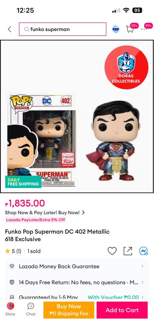 Funko Pop Superman DC 402 Metallic with Protector (Category: Designer & Blind Box Toys) located in Manila. Submitted by jpal4141 (Listing ID 1435151552, Image 2). Description: - Funko Pop! Heroes Superman #402 (Metallic Variant) - 618 Exclusive - Features the iconic Superman costume - Includes the DC Comics logo on the box.