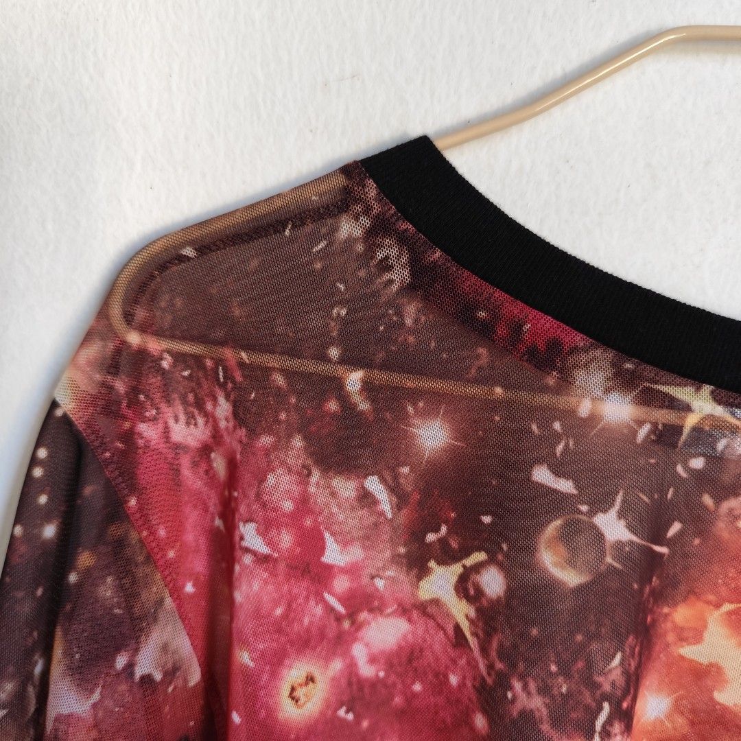 Galaxy Print Mesh T-shirt (Category: Shirts) located in Tacloban City. Submitted by sopic (Listing ID 1435068594, Image 2). Description: - Galaxy print mesh t-shirt - Short sleeves - Black crew neck - Lightweight, semi-sheer fabric - W: 16in, L: 17in.