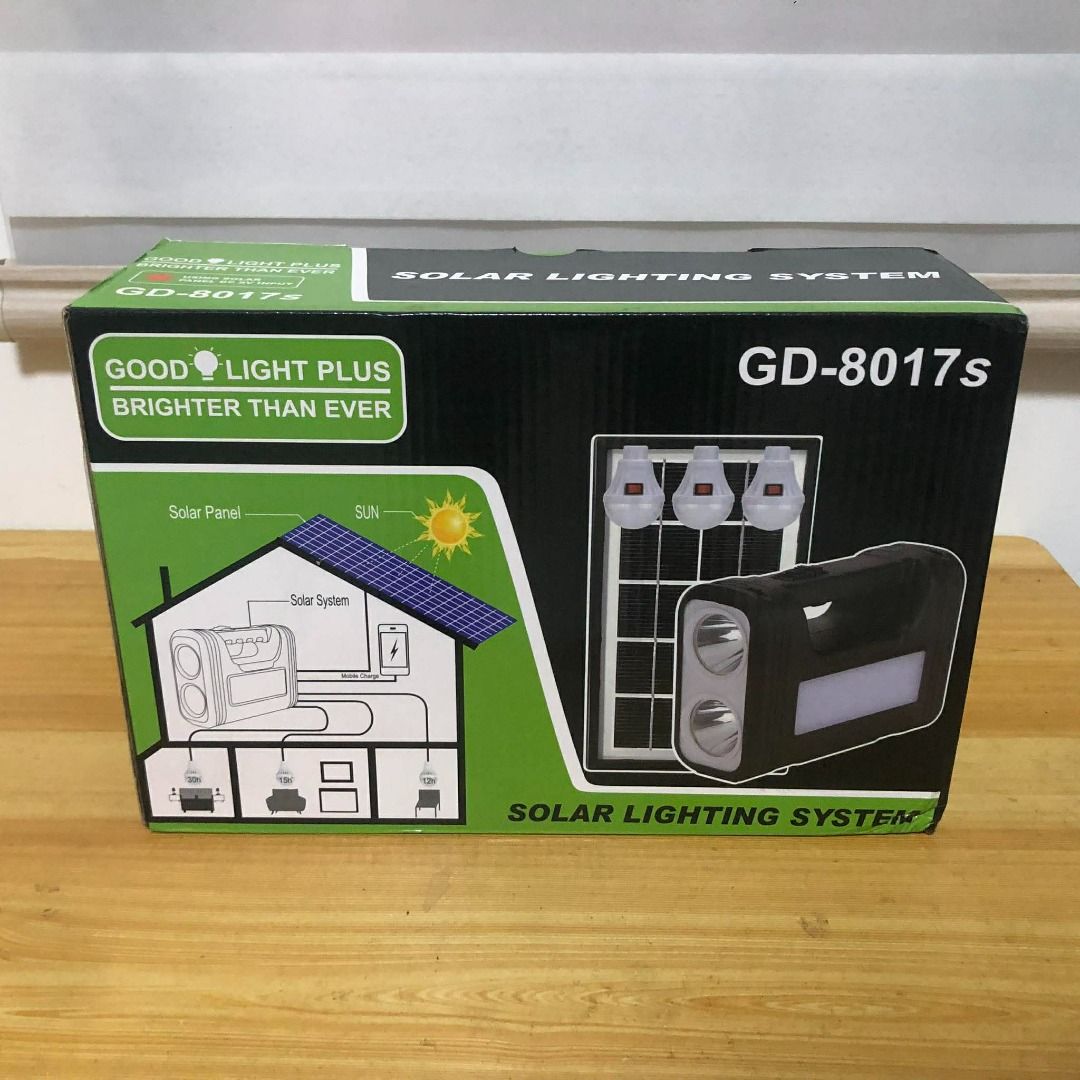 Good Light Plus Solar Emergency GD-8017s (Category: Lighting) located in Manila. Submitted by ohdrew (Listing ID 1435048812, Image 1). Description: Solar Lighting GD-8017S Solar Lighting System Material Science: Plastic Output Voltage：5v 1A Battery Capacity：6V 3600mAh Charging Time: 8h-12h Emergency Lamp Worktime:10h-12h Single Lamp Working Time:8h-10h Two Lamp Working Time:5h-8h MPPT circuit design can make the solar panels charge faster.This So