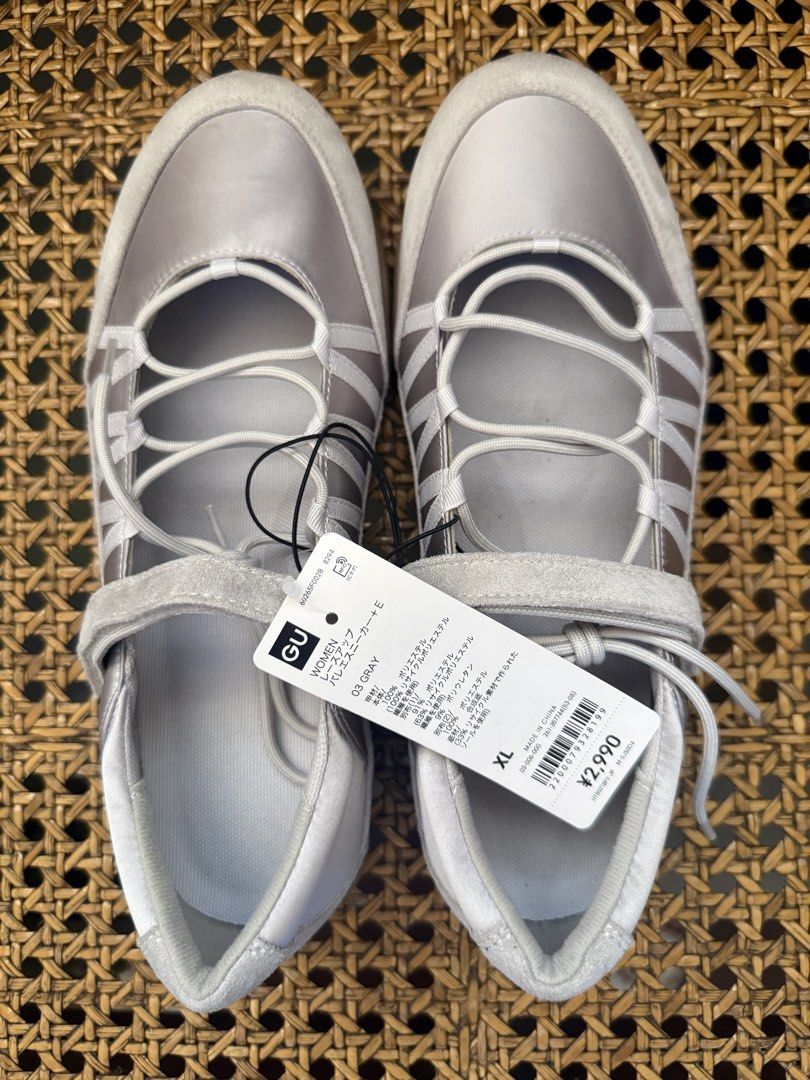 GU Women Lace-up Sneaker E - Gray (Category: Sneakers) located in Binan City. Submitted by toppicks715 (Listing ID 1435048333, Image 1). Description: - Brand new GU women's sneakers (from Japan) - Color: Gray - Size: XL (25.0cm) - Closure: Strap and lace-up - Upper: Satin-like with suede accents - Sole: Brown - Includes original tag - Original price: ¥2,990.