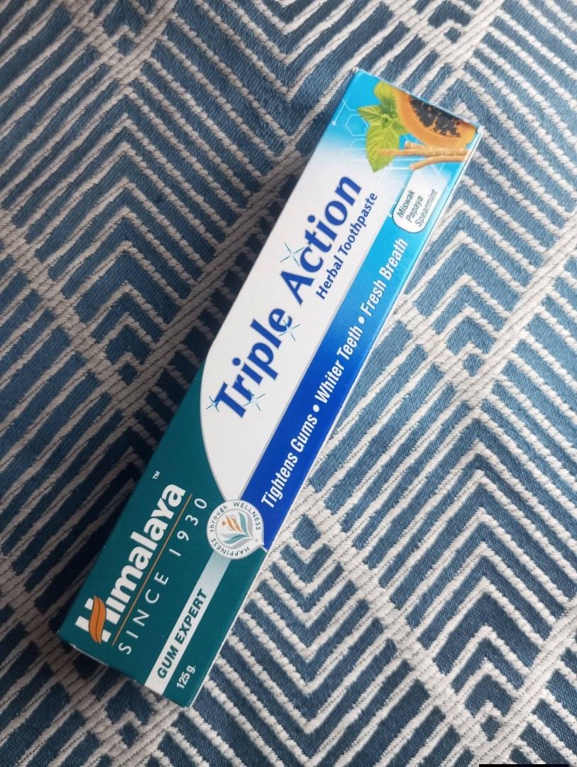 Himalaya Triple Action Herbal Toothpaste 125g (Category: Oral Care) located in Baguio. Submitted by mclilospantry (Listing ID 1435088528, Image 1). Description: - Himalaya Triple Action Toothpaste - Tightens gums - Whitens teeth - Freshens breath - 125g tube - A gum expert - Established since 1930.
