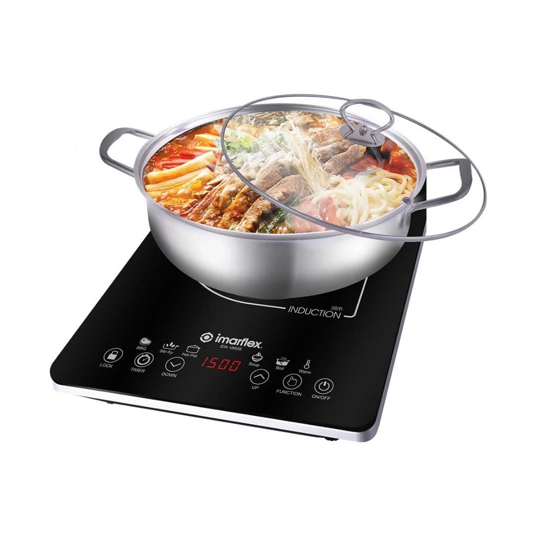 IMARFLEX IDX-1850S - Slim Type Single Induction Cooker - 6 PRESET FUNCTION (Category: Cookers) located in Manila. Submitted by abot.ph.17846 (Listing ID 1435020057, Image 1). Description: Product Features: Slim Design (50mm) 1500W Power 6 Preset Cooking Functions - Barbeque, Stir-fry, Hot Pot, Soup, Boil, and Warm modes for versatile meal preparation Large Glass Surface Touch Control Panel Up to 24-Hour Timer Child-Lock Feature Auto-Sense ON Pot 