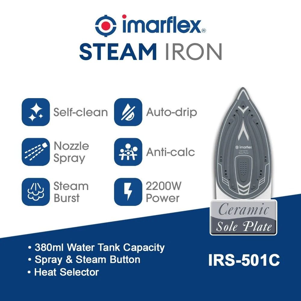 IMARFLEX IRS-501C - Steam Flat Iron - CERAMIC SOLEPLATE (Category: Irons & Steamers) located in Manila. Submitted by abot.ph.17846 (Listing ID 1435024643, Image 2). Description: Product Features: Ceramic Sole Plate 2200 Watts Power 380ml Water Tank Capacity Steam Burst Function Self-Clean Function Anti-Calc Technology Spray and Steam Button Heat Selector Nozzle Spray Specifications; Model: IRS-501C Power: 2200W Water Tank Capacity: 380 ML Sole Pl