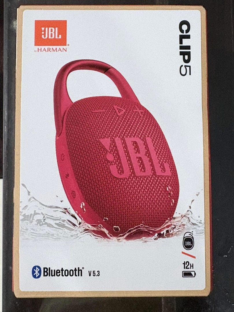 JBL Clip 5 Portable Bluetooth Speaker (Category: Soundbars, Speakers & Amplifiers) located in Quezon City. Submitted by anythingbeautiful (Listing ID 1435167605, Image 1). Description: - JBL Clip 5 Portable Bluetooth Speaker - Vibrant Red Color - Bluetooth 5.3 - 12-Hour Battery Life - Built-in Carabiner for Easy Attachment - JBL Logo on Front.