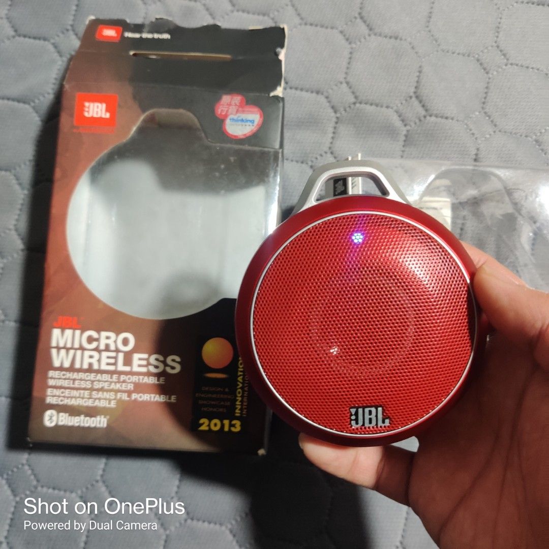 JBL Micro Wireless Rechargeable Speaker (Category: Soundbars, Speakers & Amplifiers) located in Itogon. Submitted by garage_mixdeclutter (Listing ID 1435143261, Image 2). Description: - JBL Micro Wireless portable speaker - Color: Red - Bluetooth connection - Includes original box and packaging - Comes with user manual - Built-in 3.5mm audio cable - Compact and portable - 2013 Innovations Design & Engineering Showcase Honoree issue:sounds kapag f