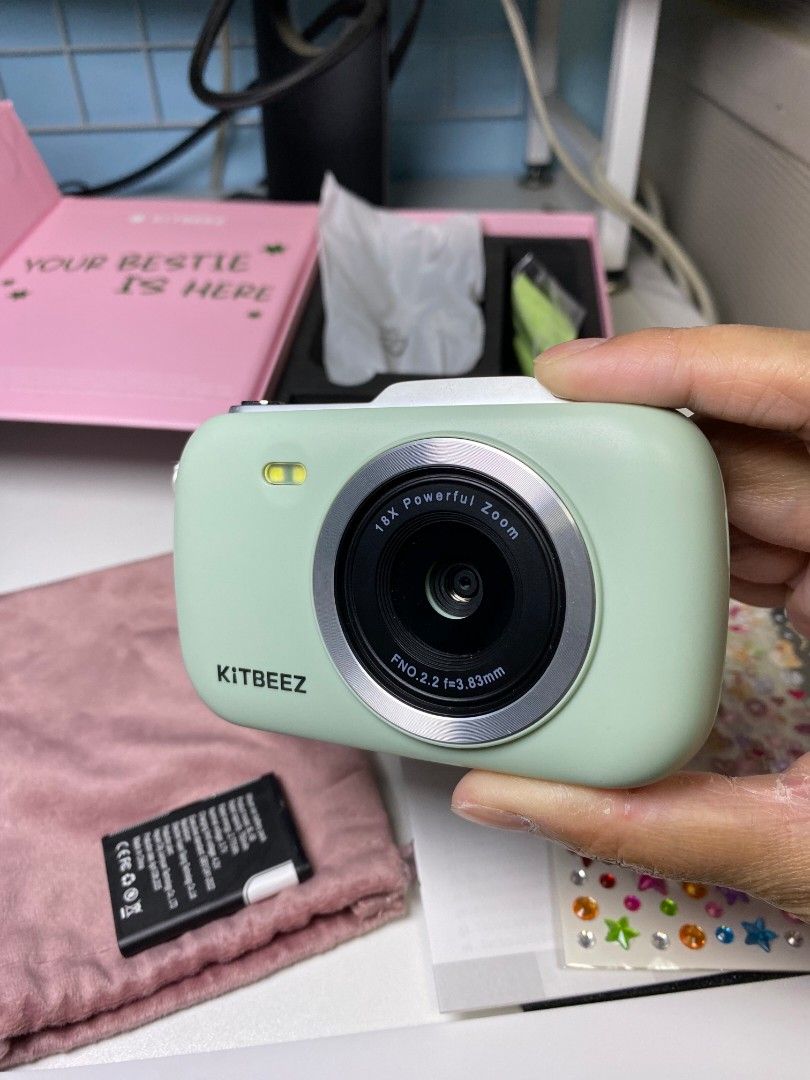KitBEEZ Digital Camera (Category: Cameras) located in Manila. Submitted by enjdg12 (Listing ID 1435135604, Image 1). Description: - Mint green KitBEEZ digital camera - Features screen and buttons - Includes battery - Comes with a pink carrying case - Includes original box ('Your Bestie is Here') - Includes strap - Includes stickers -slightly nego like new mop: gcash or maya lalamove or grab only loc: imus cavite.