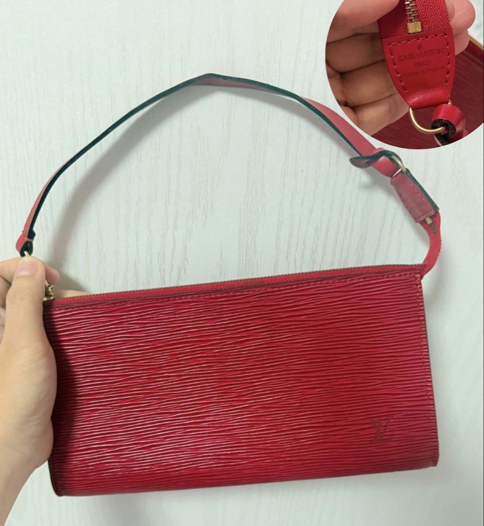 Louis Vuitton Red Epi Pochette (Category: Luxury Bags & Wallets) located in Paranaque City. Submitted by blairclo (Listing ID 1435020679, Image 1). Description: - Authentic Louis Vuitton Pochette - Red Epi leather - Top zip closure -Excellent condition -smooth hardware .