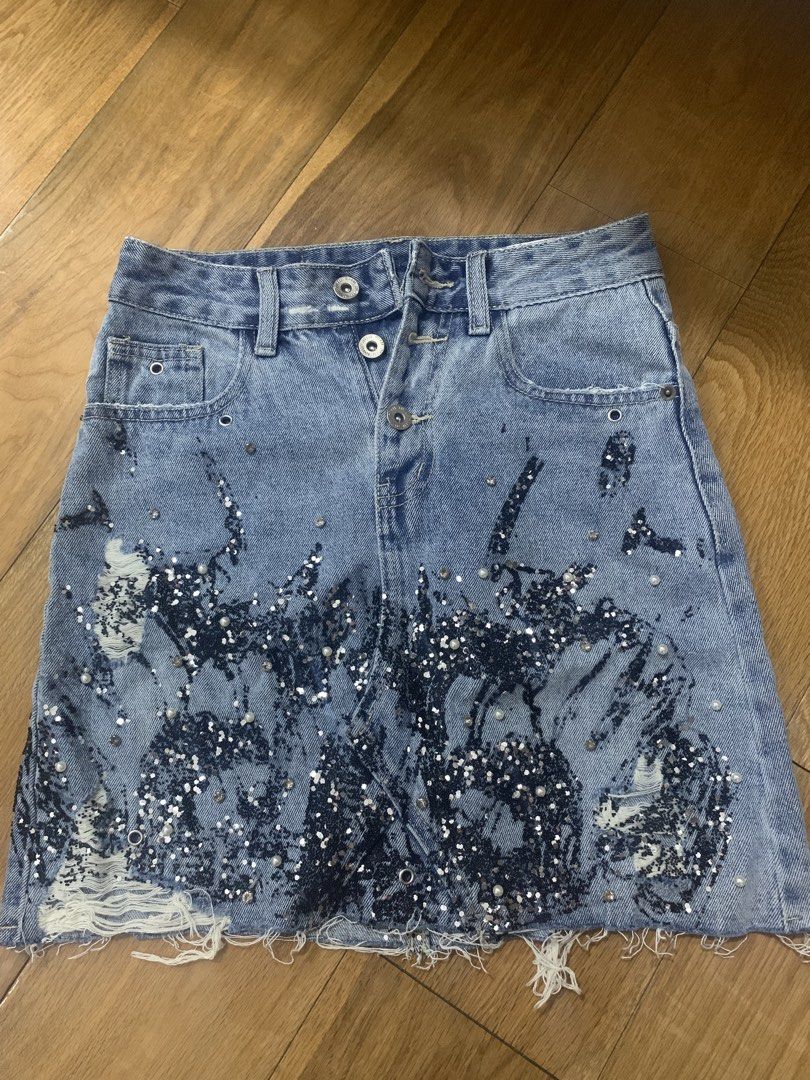 Miu Miu Denim Sequined skirt (Category: Skirts) located in Paranaque City. Submitted by denkjo (Listing ID 1435035373, Image 1). Description: Miu Miu Denim Sequined Skirt Sequined details, semi-grunge vibe Small on tag no ww, never used it .