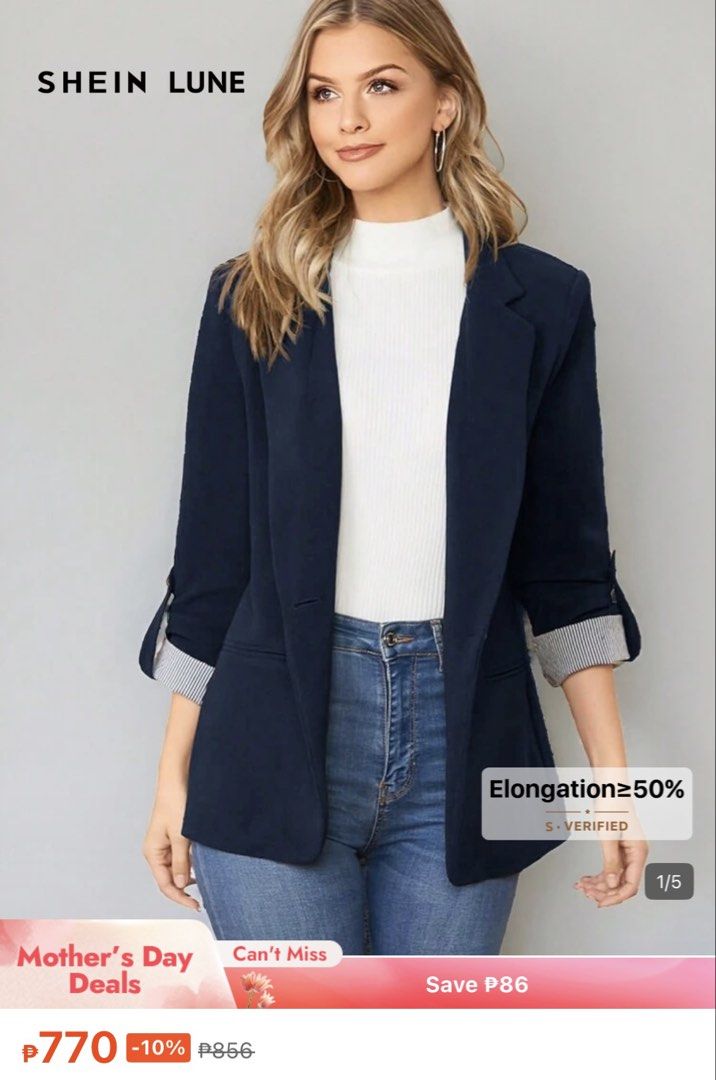 Navy Blue Blazer (Category: Coats, Jackets and Outerwear) located in Pasig City. Submitted by TrishODeclutter (Listing ID 1435074798, Image 2). Description: - Brand new, never used, just washed - Shein Lune navy blazer - Size: S RFS: Decluttering pre-pregnancy clothes, does not fit anymore 🥲 Pick up: Pasig, near Tiendesitas (buyer books for pick up).