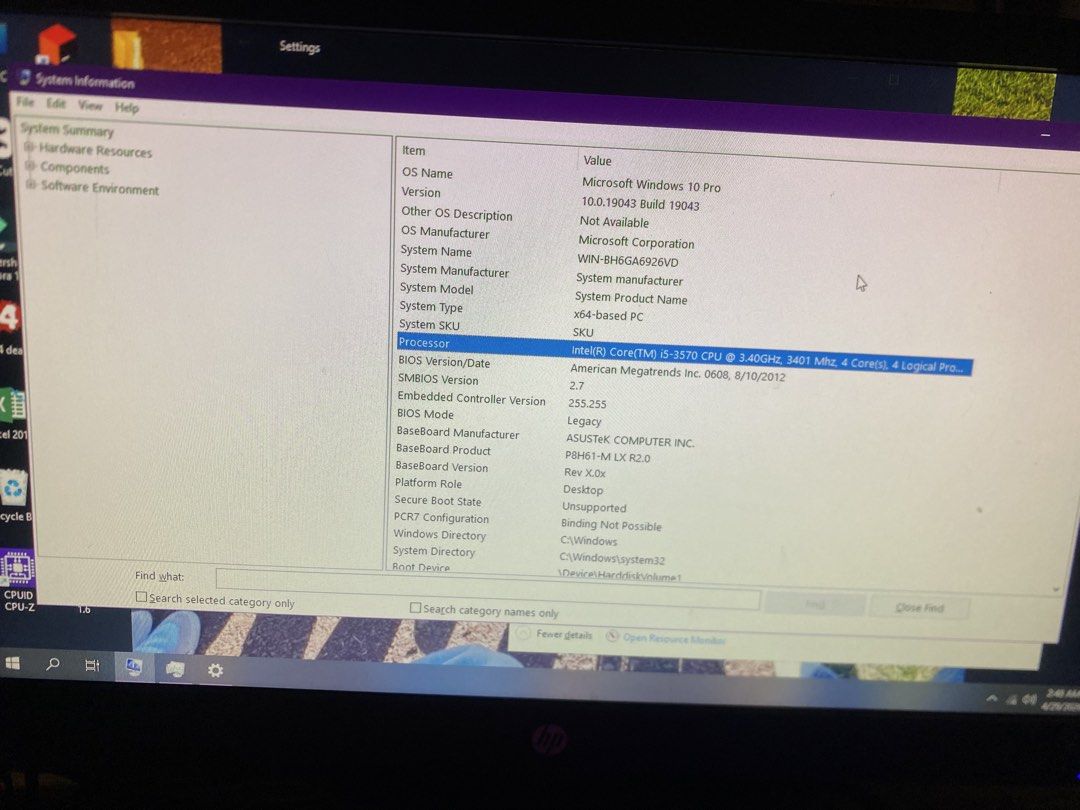 PC Set i5-3570 8GB RAM 465GB Storage (Category: Desktops) located in Manila. Submitted by christinegdo (Listing ID 1435082822, Image 3). Description: - Intel Core i5-370 CPU @ 3.40GHz, 4 Cores - Motherboard: ASUS P8H61-M LX R2.0 - 8 GB DDR3 RAM - 465 GB HDD - Windows 10 Pro 21H1 - 20-inch monitor - free keyboard, mouse, speaker, brand new vention usb wifi 650mbps bluetooth 5.0, brand new vention hdmi to vga adapter - rfs: need funds - loc: pasong