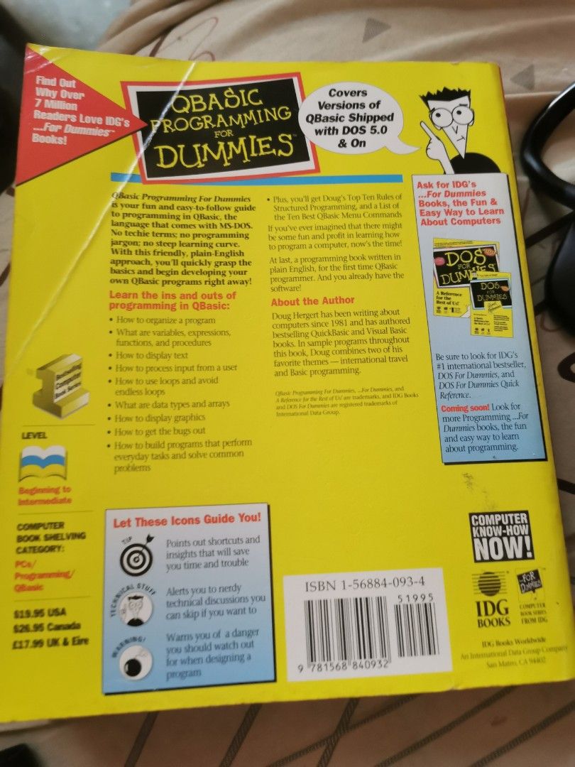 QBasic Programming for Dummies (Category: Textbooks) located in Kuala Lumpur. Submitted by bardfaizal7 (Listing ID 1435063970, Image 2). Description: Book is a reference for learning QBasic programming. It covers versions of QBasic shipped with DOS 5.0 and on. It includes information on the QBasic environment and language, and how to write programs. The book is written by Douglas Hergert..