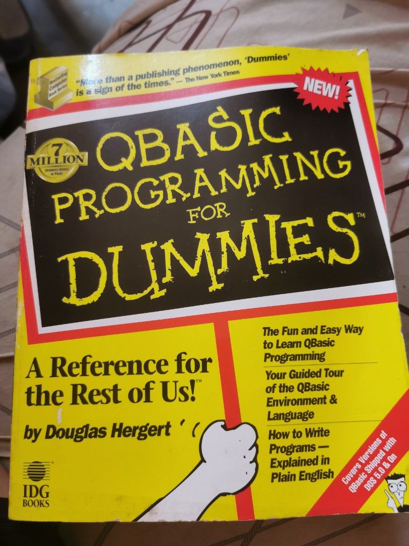 QBasic Programming for Dummies (Category: Textbooks) located in Kuala Lumpur. Submitted by bardfaizal7 (Listing ID 1435063970, Image 1). Description: Book is a reference for learning QBasic programming. It covers versions of QBasic shipped with DOS 5.0 and on. It includes information on the QBasic environment and language, and how to write programs. The book is written by Douglas Hergert..