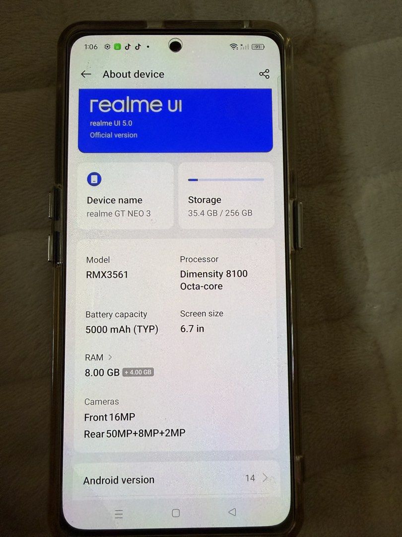 Realme GT NEO 3 (Category: Realme) located in Paranaque City. Submitted by freelion.9a9697 (Listing ID 1435039263, Image 3). Description: Realme GT Neo 5 8gb/ 256 Lightly use. With box. Include everything whatever inside the box. Reason for selling: upgrade phone. Can view and test at my place. Meetup around annex 35 betterliving subd. paranaque or around dona soledad..