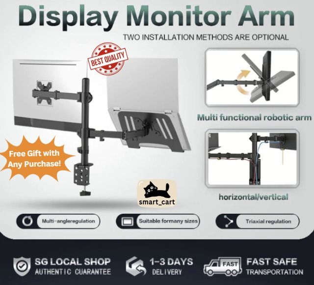 [SG Free Delivery] | Monitor Arm Adjustable Monitor Stand Steel | Articulating Monitor Bracket with Laptop Tray | Adjustable Laptop Stand |  Stable & Solid Structure | smart_cart