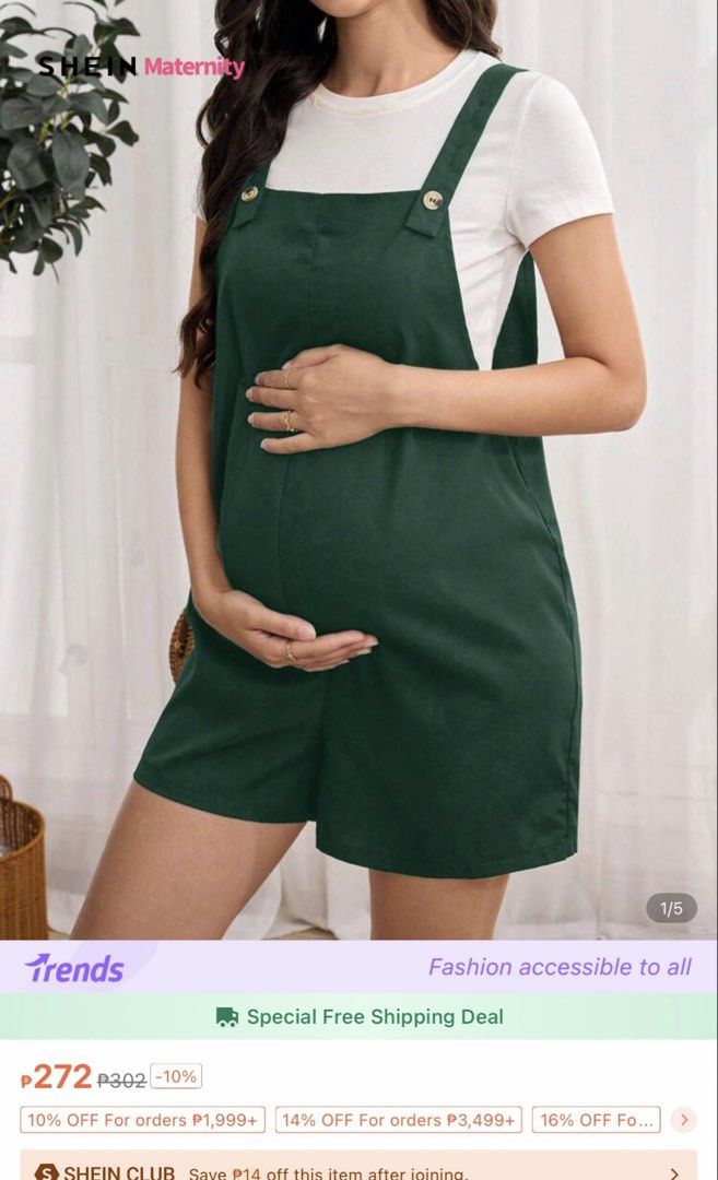 Shein maternity jumpsuit romper (Category: Dresses) located in Mandaluyong City. Submitted by dclutter.corner (Listing ID 1435158830, Image 1). Description: Preloved green maternity jumpsuit romper.