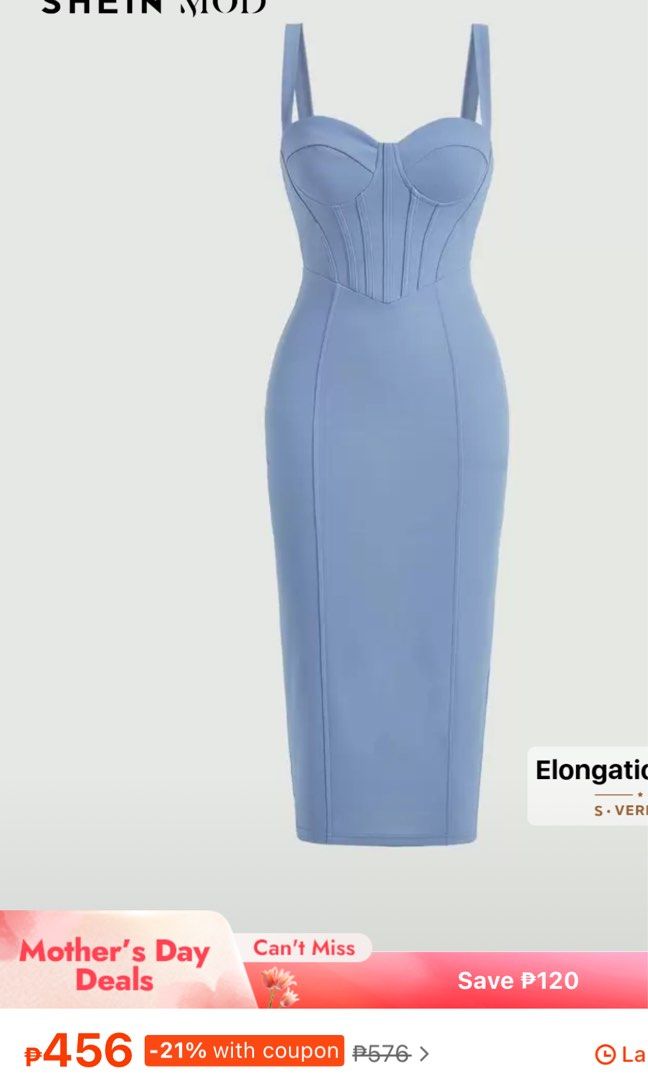 SHEIN Mod Blue Corset Dress (Category: Dresses) located in Mandaluyong City. Submitted by riaria03 (Listing ID 1435070006, Image 3). Description: - Brand new SHEIN blue dress - Corset-style bodice - Midi length - Sweetheart neckline - Spaghetti straps - Fitted silhouette - Features a back slit - Perfect for special occasions and nights out - New with tag - Tag is medium but fits 1 size smaller 📍Please note that actual colors may slightly vary du