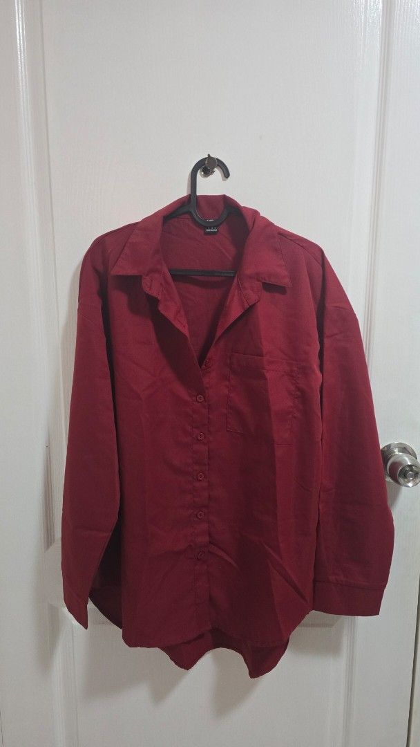 SHEIN Unity Bright Neon Color Oversized Blouse (Category: Blouses) located in Pasig City. Submitted by callmemaf (Listing ID 1435015428, Image 1). Description: - SHEIN Unity Blouse - Bright Neon Red Color - Oversized Fit - Size: M (EU 38, US 6) - Casual Long Sleeves - no buttons missing.