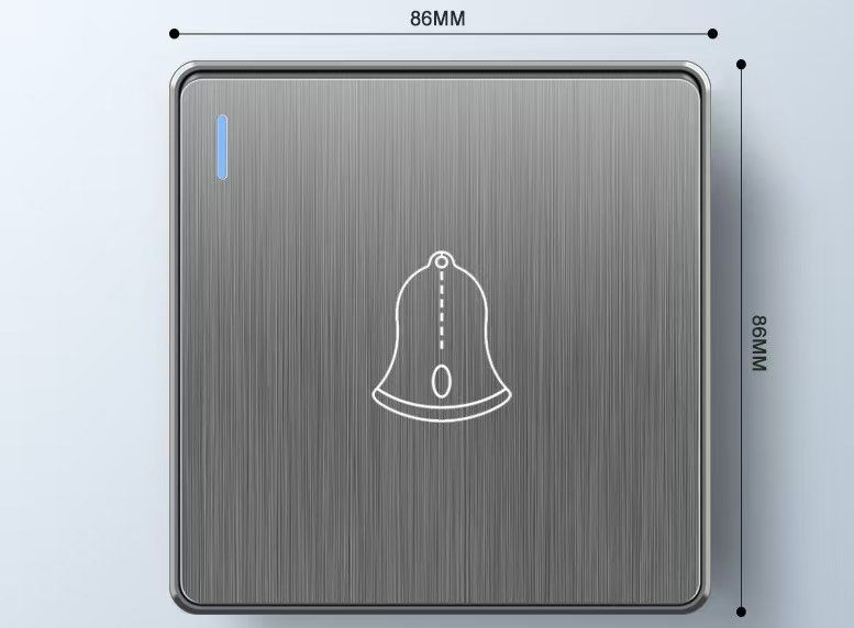 Doorbell (Category: Construction & Building Materials) located in Makati City. Submitted by monkeykingo (Listing ID 1435113069, Image 1). Description: - Square doorbell switch with a brushed metal finish - Features a bell icon and a small blue indicator light - Size: 86mm x 86mm - Designed for easy installation - Modern and minimalist design suitable for various home styles.