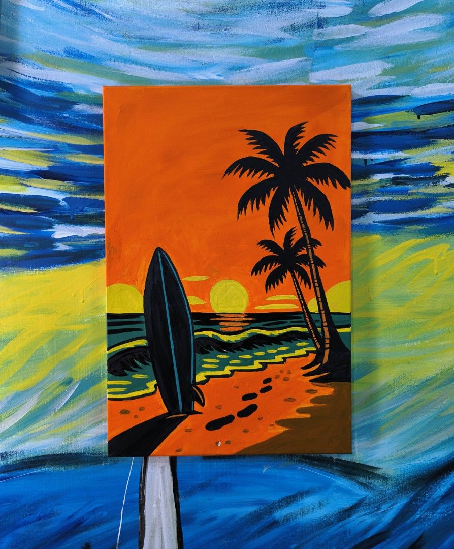 Sunset/ surf painting art (Category: Art & Prints) located in Manila. Submitted by datinghalaman (Listing ID 1435035052, Image 1). Description: 40x60cm acrylic on canvas open for customized painting, commission arts. portrait, landscape, dog, cat, etc. DM for more info.