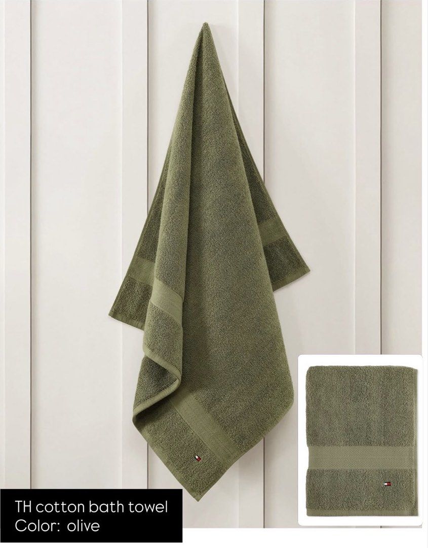 Authentic Tommy Hilfiger Cotton Bath Towel - Olive (Category: Bedding & Towels) located in Cebu City. Submitted by shopnsave2015 (Listing ID 1435166459, Image 1). Description: - Brand: Tommy Hilfiger - Color: Olive Green - Material: Cotton - Features: Stripe detail and Tommy Hilfiger logo - Intended Use: Bath towel.